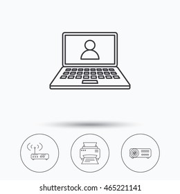 Printer, wi-fi router and projector icons. Webinar linear sign. Linear icons in circle buttons. Flat web symbols. Vector