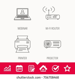 Printer, wi-fi router and projector icons. Webinar linear sign. Edit document, Calendar and Graph chart signs. Star, Check and House web icons. Vector