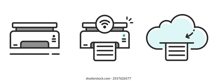 Printer wireless technology icon set vector simple graphic line stroke illustration, mfp multifunction smart machine printing document via web cloud access tech pictogram, air copier printout via wifi