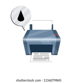 Printer to work with papers in the office. Home appliances ended paint. Bubble with a message with black tonner drops. The repair of equipment. Hardware problem. Vector illustration
