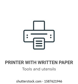 Printer with written paper outline vector icon. Thin line black printer with written paper icon, flat vector simple element illustration from editable tools and utensils concept isolated on white 