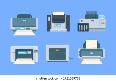 Printers. Documents and photo on papers copy machines for printing house vector flat illustration