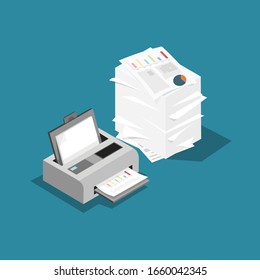 Printers with paper ready to print and many documents vector.