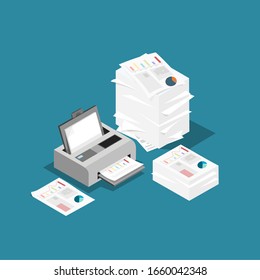 Printers with paper ready to print and many documents vector.