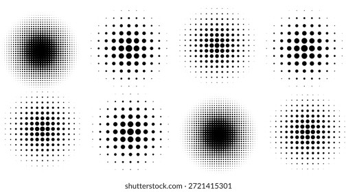 Coleção de círculos de gradiente de PrintHalftone. Pontos texturizados padrões redondos. Quadrinhos radiais de desenhos animados desbotados. Elementos pixelados abstratos para quadro, cartaz, colagem, banner, folheto. Feixe de vetor
