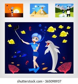 Printholiday selfie with animal around the world set 1   /  fish , dolphin , panda , camel , sun