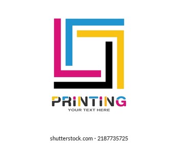 Printing. The abstract square consists of four parts of black, yellow, blue and crimson. Flat style.