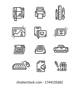 Printing agency line art icons. Printing machine, business cards, photos, cartridge, calculator, paper holder, 
stamp, keyboard, notebook and drawing materials.