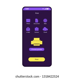 Printing app smartphone interface vector template. Making copies mobile plugin page purple design layout. Choose printer button on phone screen. Flat UI. Printables application features on display