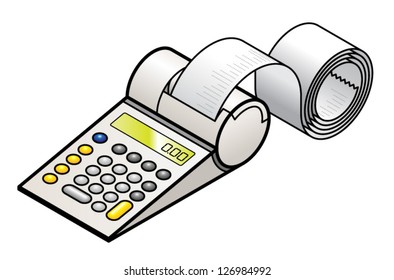 A printing calculator with a long roll of print-out.