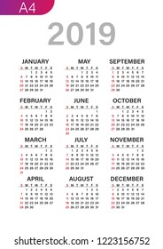 Printing calendar for 2019