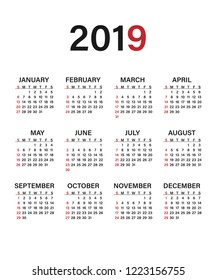 Printing calendar for 2019
