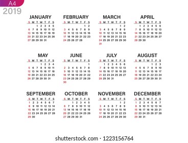 Printing calendar for 2019