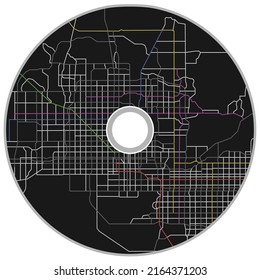 Printing to CD, design template. Line city map of the scheme of road.  Cover art with town streets on the plan. DVD rom isolated on white background. Vector mockup 