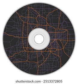 Printing to CD, design template. Line city map of the scheme of road. Cover art with town streets on the plan. DVD rom isolated on white background. Vector mockup 