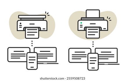 Printing from cell phone, computer and tablet devices technology icon vector graphic illustration set line stroke outline, wireless printer printout from smartphone and laptop pc pictogram minimal