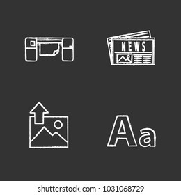 Printing chalk icons set. Polygraphy and typography. Large format printer, newspaper, image uploading, font. Isolated vector chalkboard illustrations