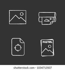 Printing chalk icons set. Polygraphy and typography. Digital image, offset printer, printing registration mark, poster. Isolated vector chalkboard illustrations