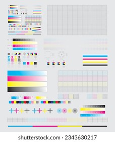 Printing cmyk marks. Offset print calibration marks, gradient color tone, color bars and registration plates. Color printing standard vector illustration set. Publishing graphic symbol utilities