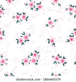 Printing color in a flower. The motives are scattered randomly. Seamless vector texture. Elegant template for fashionable prints. Print with pink flowers. White background.