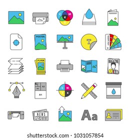 Printing color icons set. Polygraphy and typography. Posters, flyers, brochures, booklets templates. Isolated vector illustrations