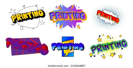 Printing. Comic book word text on abstract comics background. Retro pop art style illustration. Print on printer business concept.