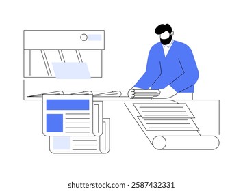 Printing company isolated cartoon vector illustrations. Man from typography prepares a printed add, advertising agency industry, marketing strategy, professional promotion method vector cartoon.