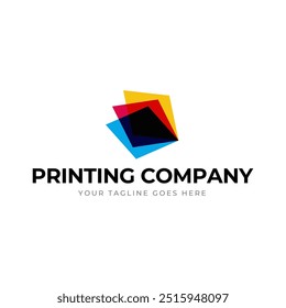 Printing company logo design with color paper symbol on cyan, magenta, yellow, and color.
