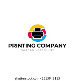 Printing company logo design with printer graphics  illustration with cyan, magenta, yellow, and black color.