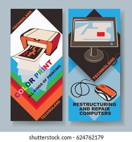 Printing and computer repair services vertical cards with digital devices and equipment in doodle style vector illustration