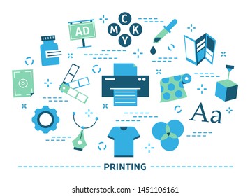 Printing Concept. Printer Machine, Big Industry. Print Service. Collection Of Colorful Icons. Isolated Flat Vector Illustration