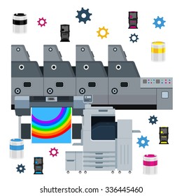 Printing and copy equipment. Color printer. Cyan, magenta, yellow, black paint. Laser printer cartridge. Laser, ink, polygraph machine. Vector media industry design with color gears. Business concept.