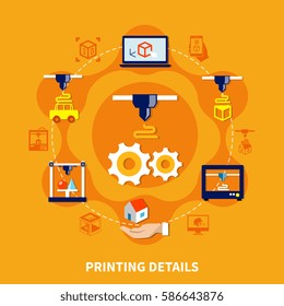 Printing details on orange background design concept with decorative icons showing equipment and different nozzles for 3d printer flat vector illustration