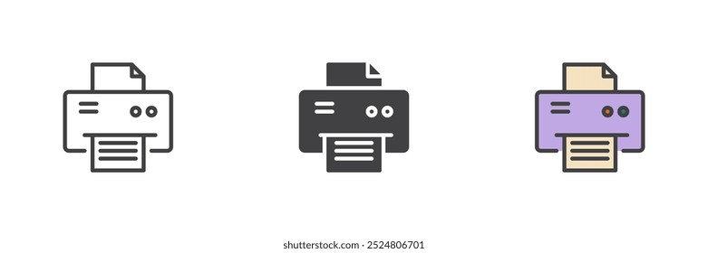 Printing document different style icon set. Line, glyph and filled outline colorful version, outline and filled vector sign. Printer symbol, logo illustration. Vector graphics
