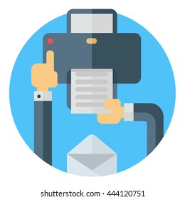 Printing a document, pressing a button on printer. Hand, envelope, printer. Colored flat vector illustartion on round blue background 