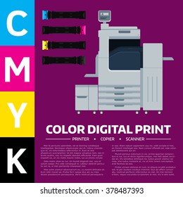 Printing Equipment. Color Printer, Cartridge And Sample Text. Copy, Print And Scan Machine. Vector Press Industry Illustration. Advertising, Brochure, Presentation Design. Modern Digital Equipment.