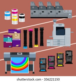 Printing equipment. Color printer. Cyan, magenta, yellow, black pant. Color Ink and cartridge. Paper for laser and ink print. Copy and scan. Laser, ink, offset machine.  Vector press industry.