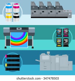 Printing equipment. Color printer. Cyan, magenta, yellow, black pant. Color Ink and cartridge. Copy and scan. Laser, ink, offset machine.  Vector press industry.