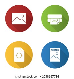 Printing flat design long shadow glyph icons set. Polygraphy and typography. Digital image, offset printer, printing registration mark, poster. Vector silhouette illustration