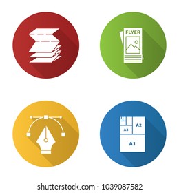 Printing flat design long shadow glyph icons set. Polygraphy and typography. Folded brochure, flyer, fountain pen nib, paper sizes. Vector silhouette illustration
