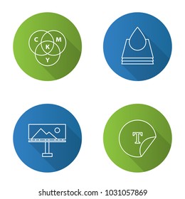 Printing flat linear long shadow icons set. Polygraphy and typography. Cmyk color circle model, paint drop and paper, billboard, round sticker. Vector outline illustration