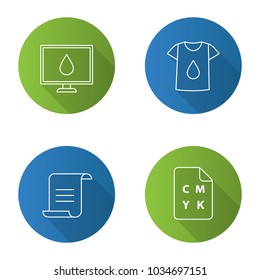 Printing flat linear long shadow icons set. Computer display calibration, t-shirt print, document, CMYK color model. Vector outline illustration