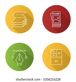 Printing flat linear long shadow icons set. Polygraphy and typography. Folded brochure, flyer, fountain pen nib, paper sizes. Vector outline illustration