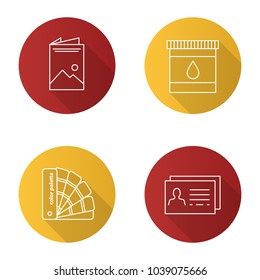 Printing flat linear long shadow icons set. Polygraphy and typography. Brochure, cartridge ink, color palette guide, business cards. Vector outline illustration