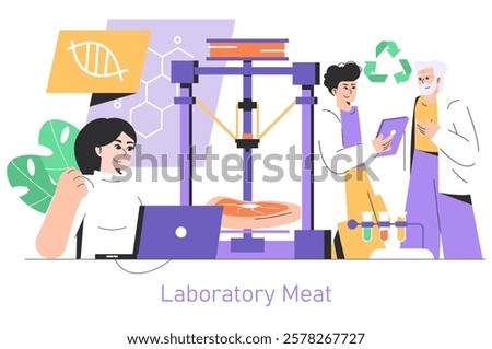 Printing Food concept. Researchers develop lab-grown meat using advanced technology, revolutionizing sustainable food production. Science, innovation, and future of food. Vector illustration.