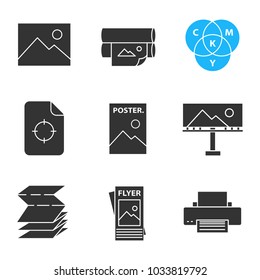 Printing glyph icons set. Digital image, printers, cmyk color model, printing registration mark, poster, billboard, folded paper, flyer. Silhouette symbols. Vector isolated illustration