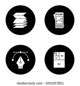 Printing glyph icons set. Polygraphy and typography. Folded brochure, flyer, fountain pen nib, paper sizes. Vector white silhouettes illustrations in black circles