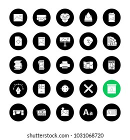 Printing glyph icons set. Polygraphy and typography. Posters, flyers, brochures, booklets templates. Vector white silhouettes illustrations in black circles