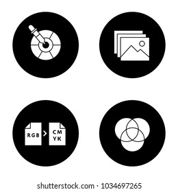 Printing glyph icons set. Polygraphy and typography. Color picker tool, digital images, color models conversion, overlapping circles. Vector white silhouettes illustrations in black circles