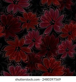 Printing with in hand drawn style on black background. women cloth fabric.